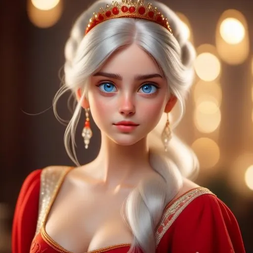 Prompt: <mymodel>High-quality digital painting of a teenage princess with blonde hair in a bun, wearing a stunning red dress, big pretty eyes, royal ambiance, detailed fabric textures, elegant crown, soft lighting, warm tones, professional, regal, detailed eyes, royal gown, digital painting, warm lighting, late teens, blonde bun hairstyle, royal ambiance