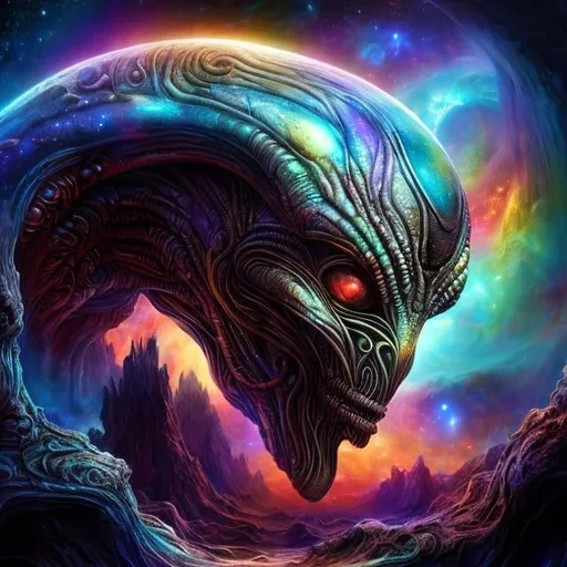 Prompt: Highly detailed alien in cosmic landscape, realistic digital art, swirling galaxy sky, cosmic atmosphere, vibrant and otherworldly colors, intricate alien anatomy, breathtaking cosmic scenery, ultra HD quality, realistic style, vibrant cosmic colors, atmospheric lighting