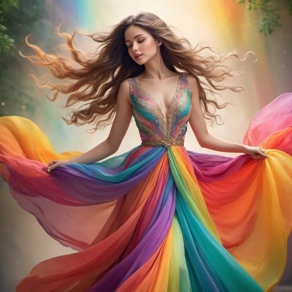 Prompt: (elegant lady), graceful pose, vivid (colors of the rainbow), flowing attire, chic accessories, soft and dreamy ambiance, radiating a sense of joy, ultra-detailed, ambient lighting, romantic atmosphere, intricate patterns, harmonious blend of hues, beautifully flowing hair, serene expression, enchanting background bursting with color, high-quality rendering.