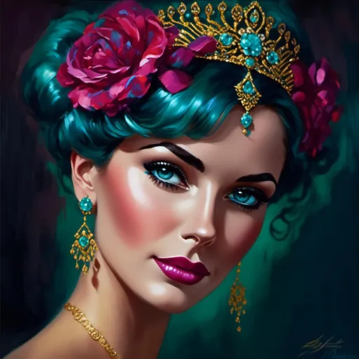 Prompt: <mymodel>beautiful woman, turquoise, gold, magenta, high quality, detailed, vibrant colors, elegant, luxurious, glamorous, realistic painting, warm lighting