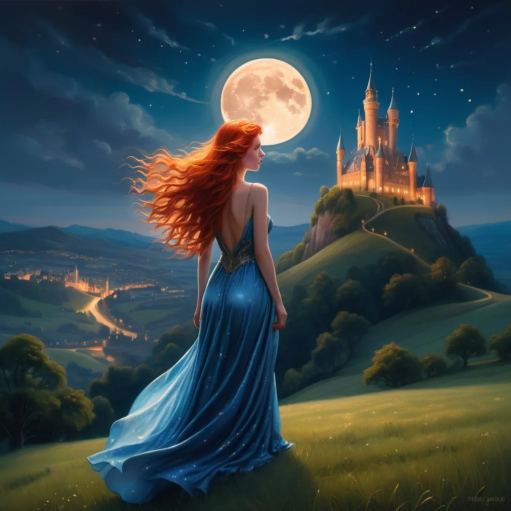 Prompt: Bathed in the soft glow of a full moon, a young woman with flowing red hair stands gracefully on a lush hillside, her back to the viewer, wearing a shimmering blue gown that cascades elegantly around her. The enchanting scene unfolds under a starlit sky, with a majestic castle perched atop a distant hill, its towers illuminated in a warm, golden light. Below, a winding river reflects the moon's brilliance, adding a serene touch to the landscape. The tranquil atmosphere is enhanced by the silhouettes of bare trees framing the scene, evoking a sense of fantasy and wonder, as if inviting the viewer into a mesmerizing fairy tale world.