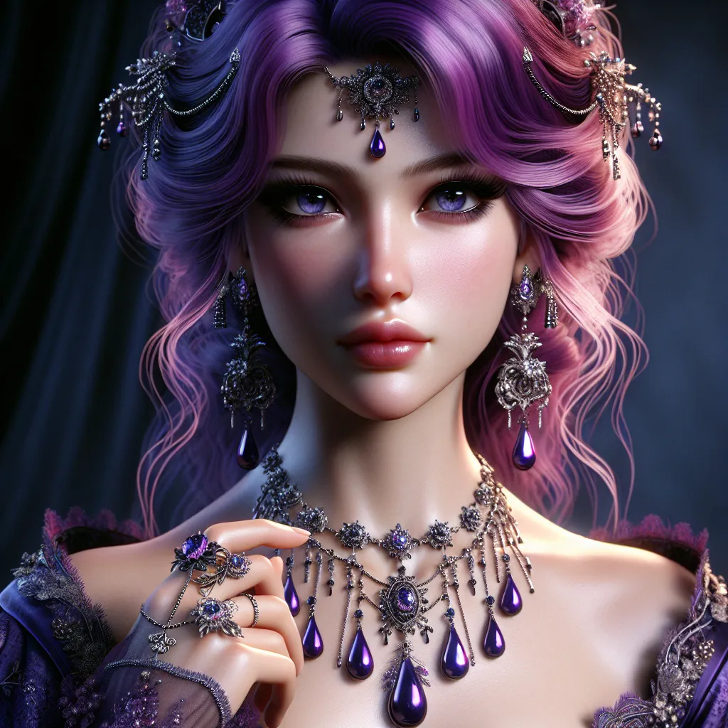 Prompt: a woman with purple hair wearing a purple dress and jewelry with a necklace and earrings on her neck and a necklace with a tear shaped drop, Charlie Bowater, fantasy art, highly detailed digital painting, a photorealistic painting