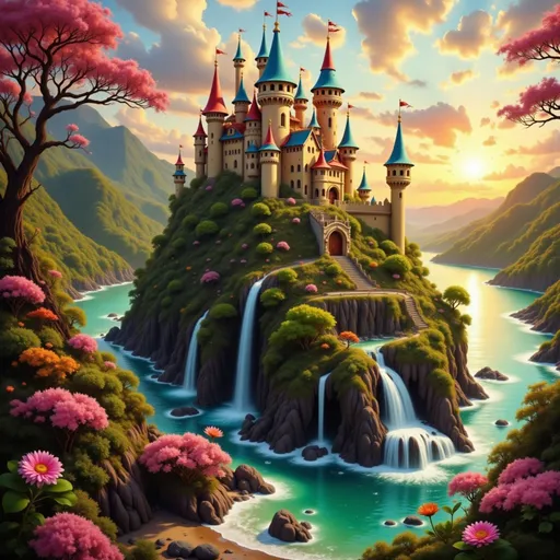 Prompt: Rising majestically from a rocky island is a fairy-tale castle adorned with vibrant, spiral turrets and colorful flags fluttering in the gentle breeze. Cascading waterfalls descend from the lush greenery that envelops the fortress, while the tranquil waters below reflect the warm golden hues of a radiant sunrise peeking through the distant mountains. The scene is punctuated by bold, pink flower-like formations clinging to the rocks, adding a whimsical touch to the vibrant landscape. The overall atmosphere is enchanting and serene, inviting onlookers to imagine the magical stories that might unfold within its walls. The vivid colors and intricate details create a striking visual narrative, blending fantasy with a sense of peaceful harmony in nature.