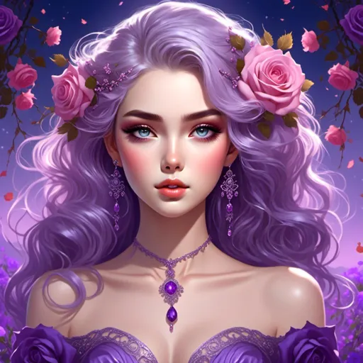 Prompt: <mymodel>Cosmic Epic Beauty, Beautiful and Gorgeous, purple roses in hair