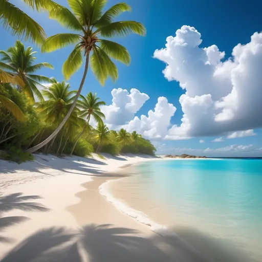 Prompt: Caribbean blue, (vibrant) (tropical), luminous waters, (inviting) (serene) ambiance, (sunlit) waves gently lapping the shore, white sands, (lush green palms) swaying, (clear skies), calming contrast, capturing the essence of island paradise, high-resolution, meticulous detail, (warm sunlight) casting soft shadows, creating a dreamlike atmosphere, a haven of tranquility and beauty.