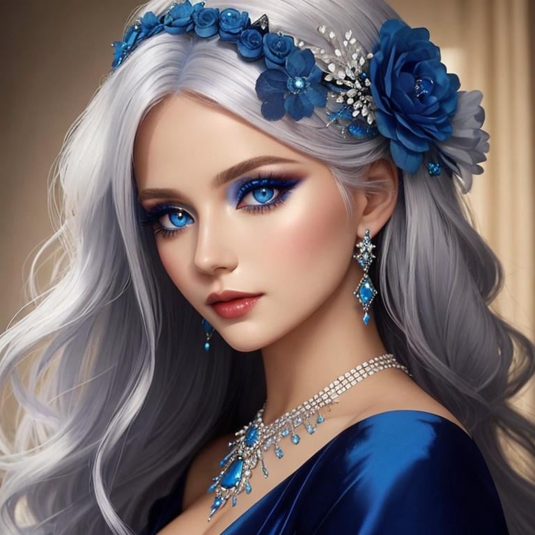 Prompt: A beautiful woman, white hair, blue eyes, blue eyeshadow, blue jewels o