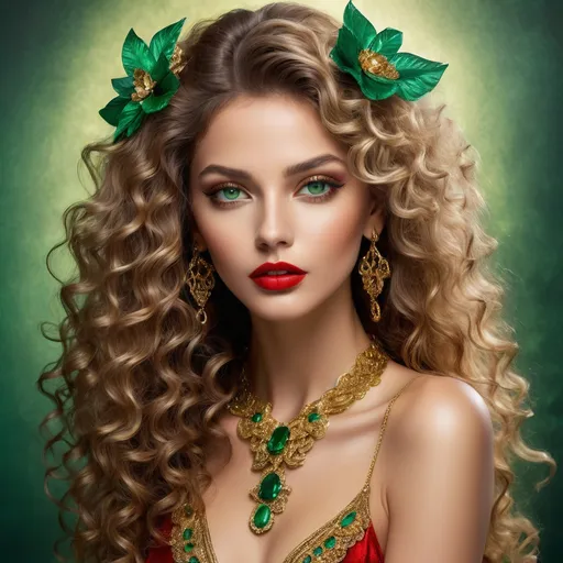 Prompt: With an enchanting gaze, a striking model captivates with her vivid green eyes and luxurious, voluminous curly hair cascading around her shoulders. Her flawless complexion is accentuated by bold red lips that pop against her skin, while extravagant gold and emerald jewelry adorns her neck and ears, adding a touch of opulence. The softly lit background creates a subtle, elegant atmosphere, allowing her radiant features and the rich hues of her accessories to take center stage. The image exudes glamour and sophistication, celebrating beauty with a classic yet contemporary flair that invites admiration.