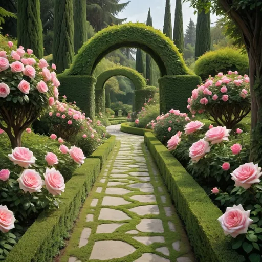 Prompt: A tranquil garden path meanders through a lush paradise, flanked by vibrant pink roses that bloom abundantly, their soft petals exuding a delicate charm. Towering cypress trees and meticulously shaped hedges form an elegant backdrop, while an archway draped in greenery beckons at the far end, inviting visitors deeper into this serene haven. The stone pathway, framed by a colorful carpet of flowers, leads the eye towards a distant seating area, hinting at moments of relaxation amidst nature. Bathed in warm sunlight under a softly colored sky, the scene conveys a mood of tranquility and beauty, embodying the peaceful allure of a well-tended floral retreat.