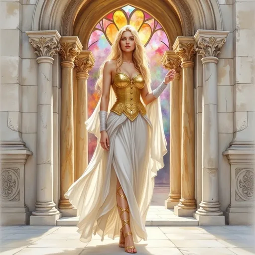 Prompt: This is a highly detailed digital artwork of a blonde woman standing in a grand, ornate doorway. She has long, wavy hair and a fair complexion. She is wearing an elaborate, fantasy-style outfit that includes a gold, strapless corset. Her corset is paired with a long, white, flowing skirt. She also wears gold, gladiator-style sandals and white, fingerless gloves that extend to her elbows. Her pose is confident and poised, with one hand resting on her hip and the other gently touching the doorway.

The doorway behind her is arched and framed by two tall, golden columns with ornate carvings. The background features a vibrant, stained glass window with a colorful, floral pattern. The stone walls surrounding the doorway are white and textured, adding to the grandeur of the scene. The floor is made of white marble, which reflects the light, adding to the overall brightness of the image. The style of the artwork is realistic with a fantasy element, emphasizing the elegance and otherworldly beauty of the subject.
