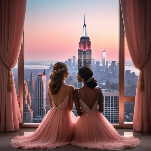 Prompt: Bathed in the soft glow of a pastel sunset, two elegantly dressed women sit gracefully on the floor, their backs turned toward the viewer, showcasing the delicate lines of their flowing pink gowns. Outside the grand window behind them, the iconic Empire State Building stands proudly against the vibrant skyline of New York City, illuminated by the fading day as a full moon begins to rise. The scene is framed by luxurious drapes, adding a sense of opulence, while the intimate moment between the women conveys a deep camaraderie, suggesting a shared appreciation for the breathtaking view and the serene transition of day to night. The overall composition balances the striking urban landscape with the softness of the subjects, creating a mood that is both contemplative and celebratory.