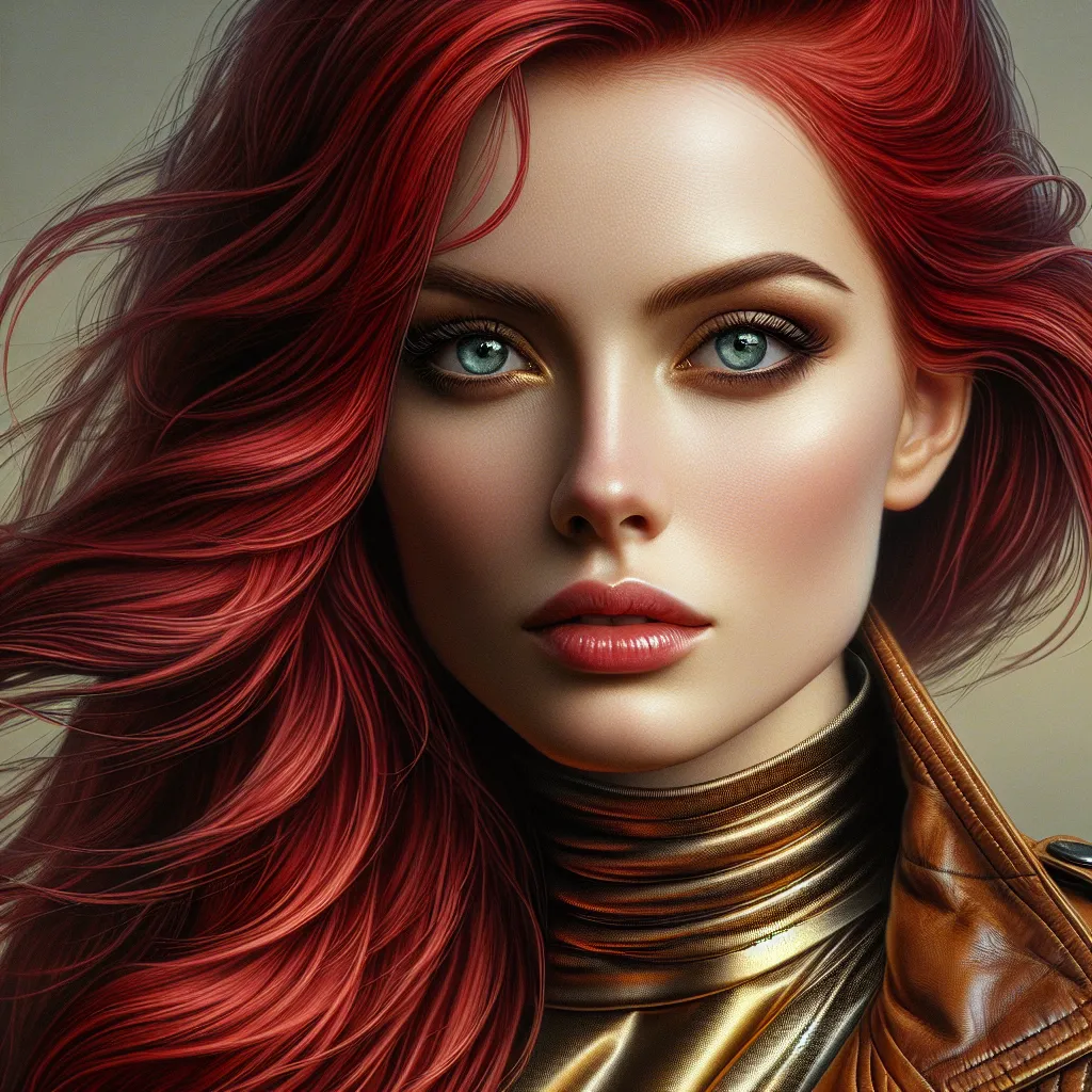 Prompt: a woman with red hair and blue eyes is wearing a brown leather jacket and a gold jacket with a collar, Artgerm, photorealism, highly detailed digital painting, a photorealistic painting