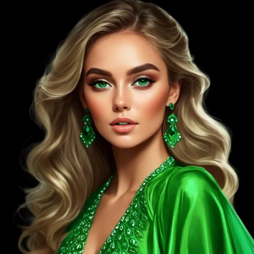 Prompt: <mymodel>Detailed illustration of a woman in vibrant green attire, large vivid green eyes, elegant makeup, digital painting, high resolution, realistic style, vibrant green, professional lighting