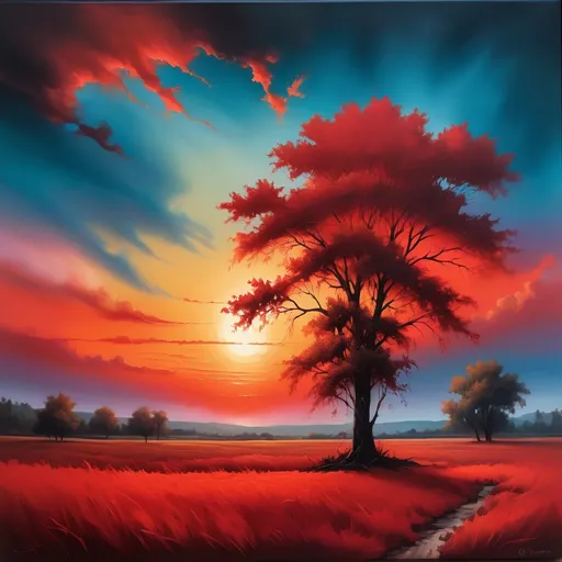 Prompt: Red sunset landscape, oil painting, vibrant colors, fine details, high-quality, realistic, warm tones, dramatic lighting, expansive horizon, silhouettes of trees, serene atmosphere