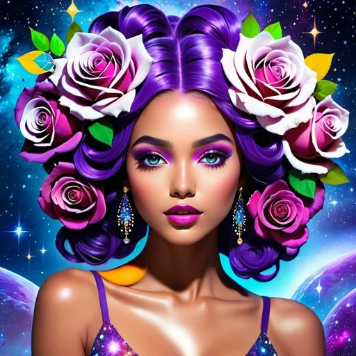 Prompt: Cosmic epic beauty with gorgeous, purple roses in hair, high-res, surreal, cosmic, vibrant colors, detailed floral hairpiece, ethereal aura, celestial backdrop, majestic beauty, galaxy-inspired, breathtaking lighting, dreamlike atmosphere, incredible attention to detail, cosmic fantasy, stunningly beautiful, best quality, surrealism, vibrant tones, celestial lighting