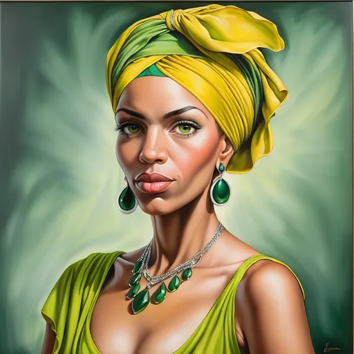 Prompt: <mymodel> a painting of a woman wearing a green dress and a yellow head scarf with a green necklace and earrings, Ernie Barnes, hyperrealism, hyper realism, a photorealistic painting