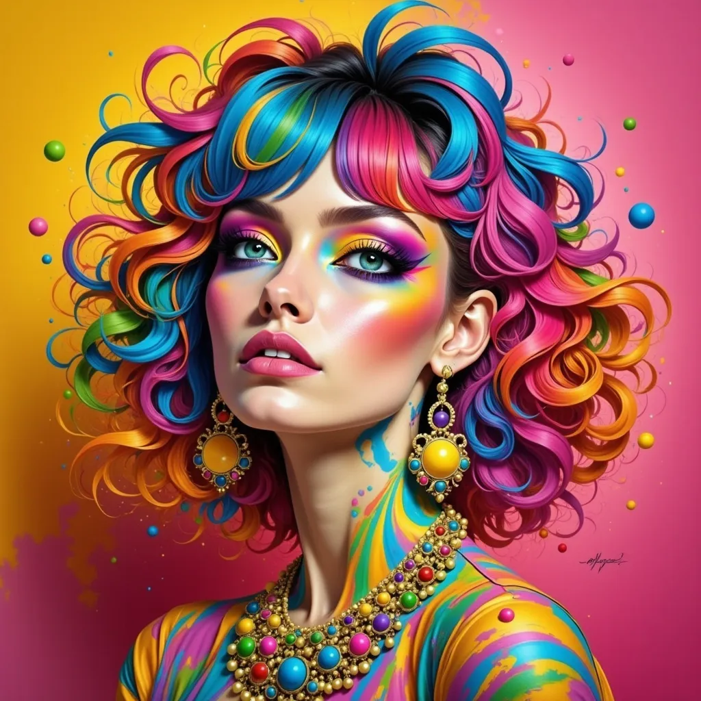 Prompt: a woman with colorful hair and a necklace on her neck and a necklace on her neck and a necklace on her neck, Alberto Seveso, neo-fauvism, affinity photo, a photorealistic painting