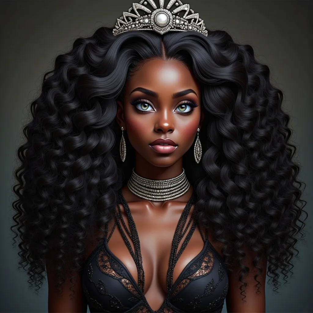 Prompt: a  black woman with a tiara and a necklace  Chinwe Chukwuogo-Roy, afrofuturism, highly detailed digital painting, a photorealistic painting