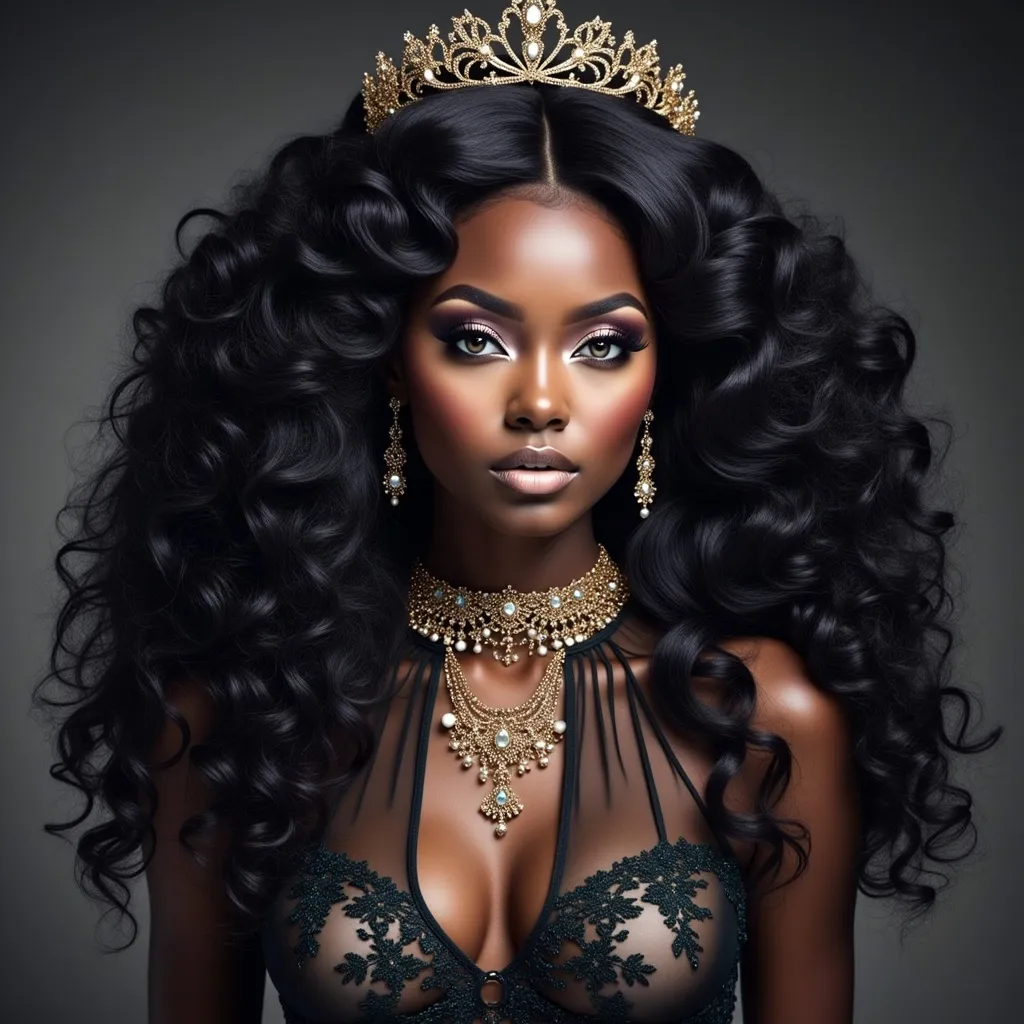 Prompt: a  black woman with a tiara and a necklace  Chinwe Chukwuogo-Roy, afrofuturism, highly detailed digital painting, a photorealistic painting