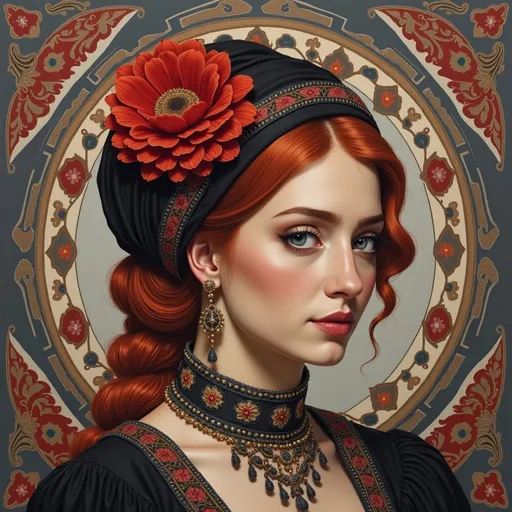 Prompt: a painting of a woman with red hair and a red flower in her hair, wearing a black dress and a red headband, Altoon Sultan, qajar art, highly detailed digital painting, a detailed painting