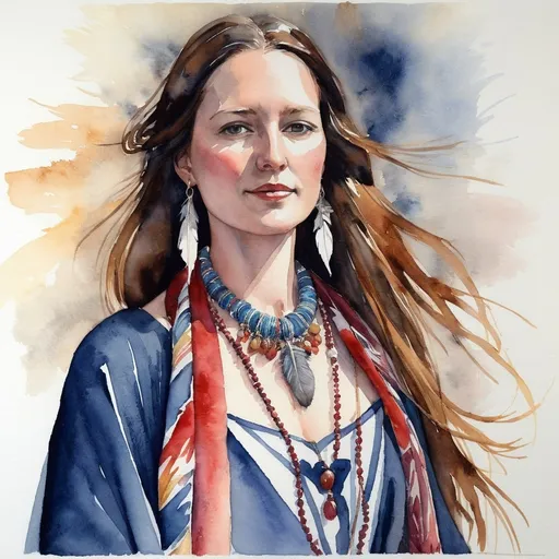 Prompt: <mymodel> a painting of a woman with long hair and a necklace on her neck and a feathered shawl, Annabel Kidston, lyco art, watercolor, a watercolor painting