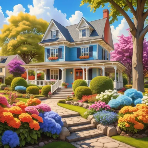 Prompt: (charming house), picturesque setting, well-manicured garden, colorful flowers, warm afternoon sunlight, inviting front porch with rocking chairs, serene atmosphere, cozy neighborhood, contemporary architecture blended with traditional elements, blue sky with fluffy clouds, vibrant colors, ultra-detailed, high definition.
