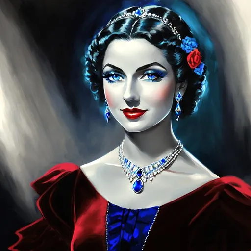 Prompt: Glamorously dressed lady of rhe 1930's wearing sapphire jewelry,blue eyes