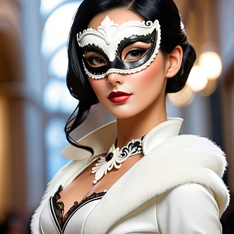 Prompt: white masquerade mask worn by an elegant lady with black hair, facial closeup