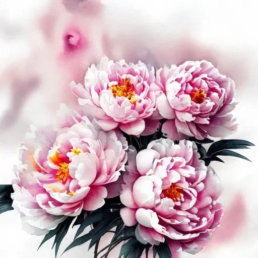 Prompt:  Pink white peach  soft Peony Flowers watercolor modern impressive technic painted art dark background

