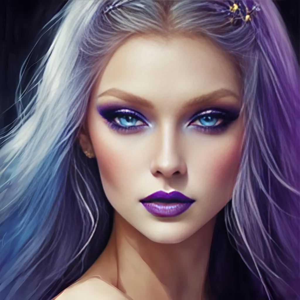 Prompt: <mymodel>Beautiful ethereal woman, long blonde hair,and icy blue eyes color, purple lipstick, facial closeup