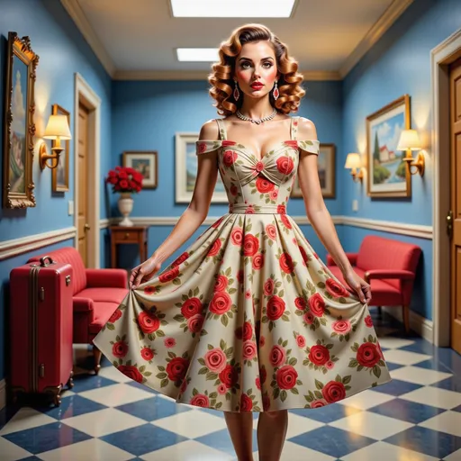 Prompt: a  stylish woman  from the 50'sin a dress is standing in a hallway with luggage behind her and a suitcase behind her,, Annabel Kidston, kitsch movement, fashion photography, a photorealistic painting