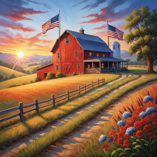 Prompt: Beautiful colorful USA patriotic painting. Beautiful sunrise in a rural area, with American flags, and rolling hills.