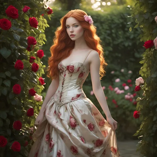 Prompt: Bathed in soft, natural light, a strikingly beautiful young woman stands amidst a lush garden, where roses of various shades adorn the vibrant greenery. Her long, flowing red hair cascades elegantly over her shoulders, and a delicate flower accentuates her romantic appearance. The gown she wears is a masterpiece of fashion, featuring a corseted top adorned with intricate rose embellishments and a flowing skirt that adds a fairy-tale quality to her presence. The background features a softly blurred garden scene with a hint of architectural elements, enhancing the ethereal quality of the moment. This enchanting portrayal evokes a sense of whimsy and beauty, capturing the essence of a romantic fantasy.