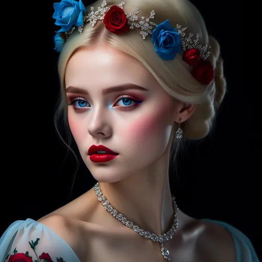 Prompt: <mymodel>Fairy tale, beautiful girl with white skin, (perfect face), light golden hair, blue pupils, red lips, forest style, mysterious, vintage fashion-dresses, with a transparent crystal crown on her head, the woman's body is so white Glows, (high detail) sitting on an oversized red rose, hyperdetail, ultra high definition.