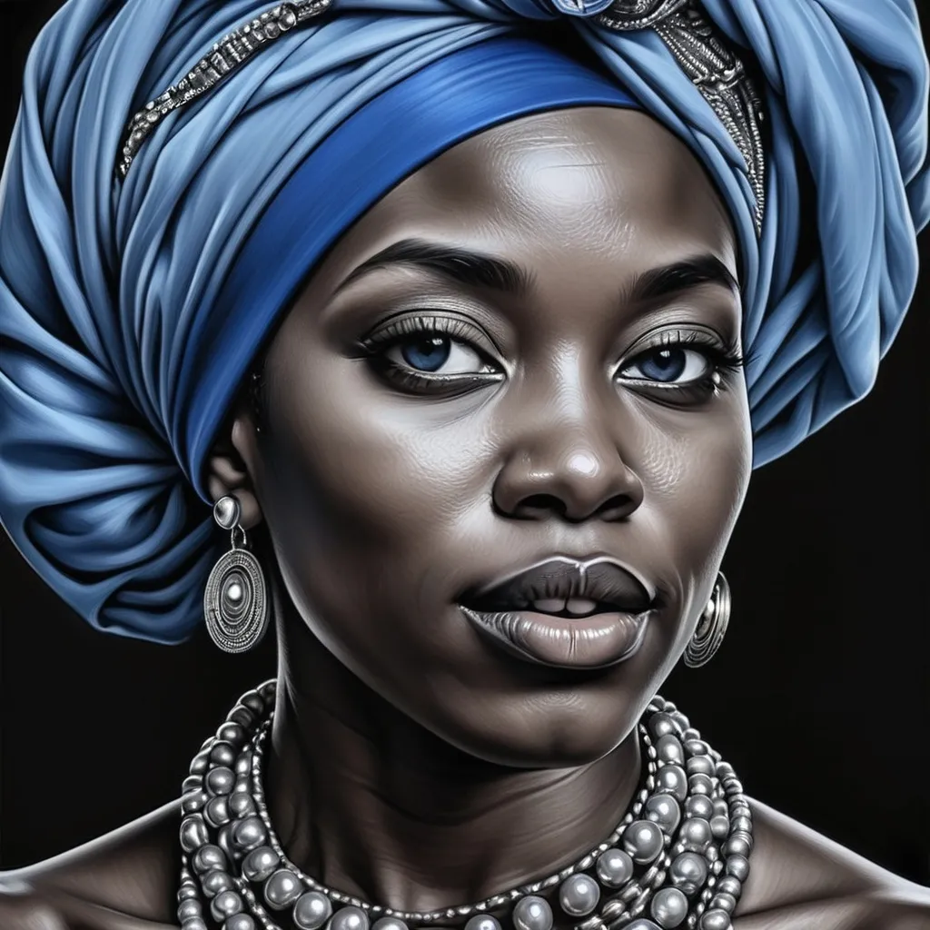 Prompt: <mymodel> a woman with a blue turban and a necklace on her neck and a necklace on her neck, Chinwe Chukwuogo-Roy, black arts movement, highly detailed digital painting, a digital painting