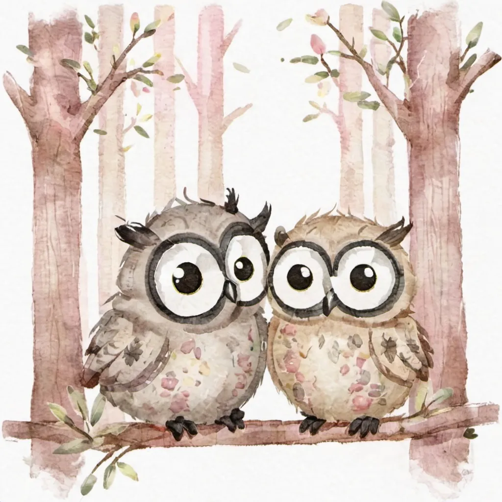 Prompt: Adorable illustration of two owls, soft pastel colors, dreamy forest setting, ultra-detailed feathers, big expressive eyes, whimsical, high quality, pastel colors, dreamy lighting