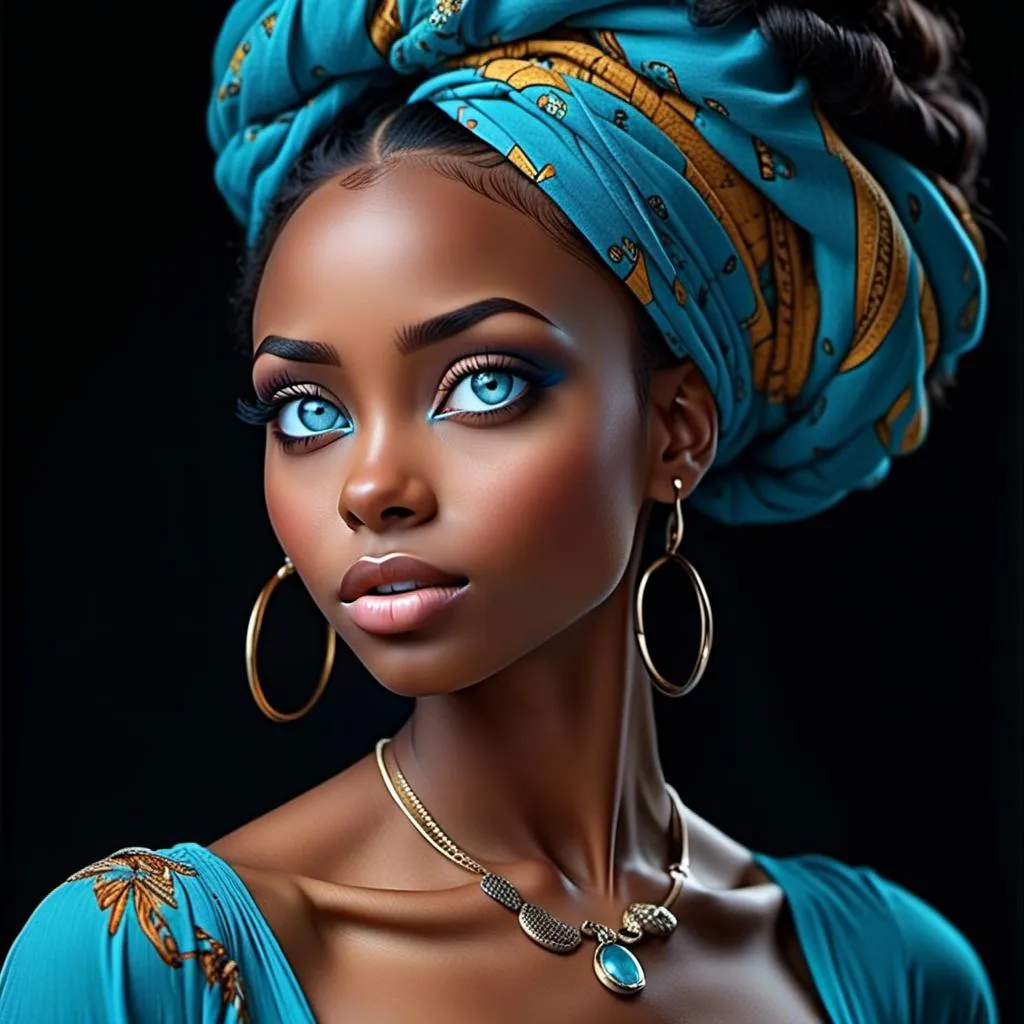 Prompt: Elegant black woman, striking blue eyes<mymodel>