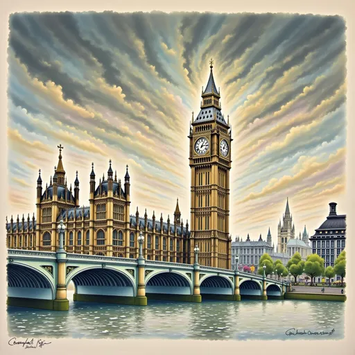 Prompt: a drawing of a clock tower with a bridge in the background and a cloudy sky above it, with a bridge in the foreground, Colin Middleton, modern european ink painting, detailed illustration, an ultrafine detailed painting