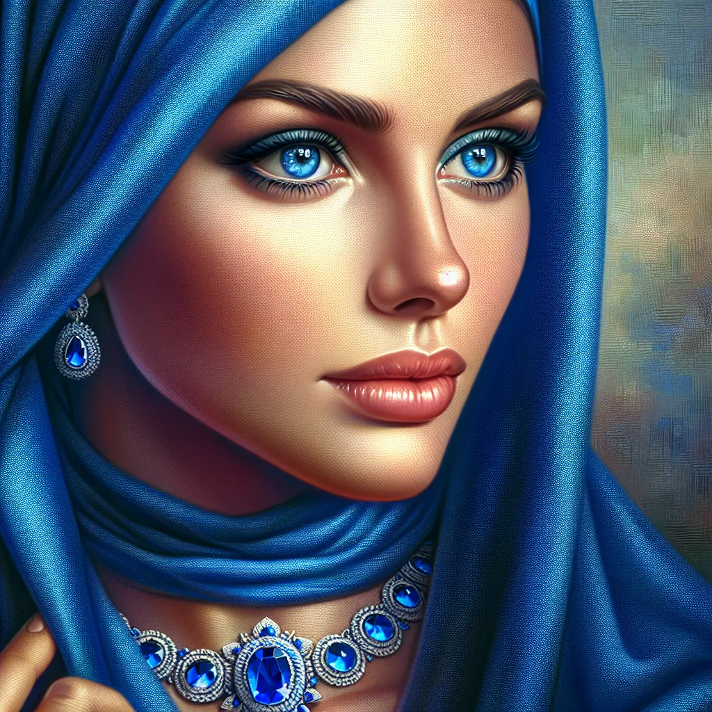 Prompt: a woman with blue eyes wearing a blue head scarf and a sapphire necklace, Art Brenner, figurative art, highly detailed digital painting, a photorealistic painting