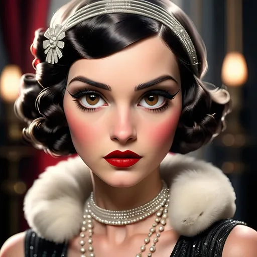 Prompt: 1920s flapper in elegant formal gown, dark brown eyes, cherry red lips, vintage art deco style, high quality, glamorous, detailed hair, elegant, stylish, classic black and white, atmospheric lighting, detailed eyes, professional