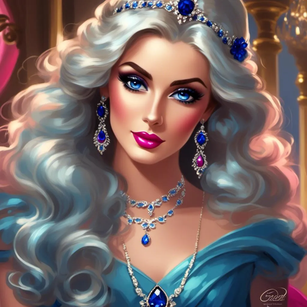 Prompt: <mymodel>a Sapphire lady, feminine elegant princess ,  dark hair, large blue eyes, wearing jewls in her hair,  beautiful makeup, blue eyeshadow, dark pink lipstick, facial closeup