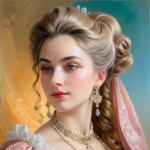 Prompt: Rococo era portrait of a woman, oil painting, luxurious clothing, elaborate hairstyle, ornate jewelry, soft pastel colors, soft and diffused lighting, high quality, detailed brushwork, elegant and refined, opulent setting, intricate lace details, classic beauty, historical art, Rococo style, delicate features, aristocratic charm