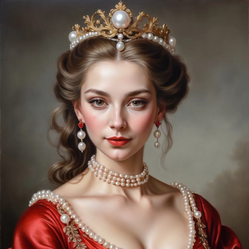 Prompt: a painting of a very beautiful woman wearing a red dress and a tiara with pearls on her head and a pearl necklace, , rococo, highly detailed oil painting, a photorealistic painting