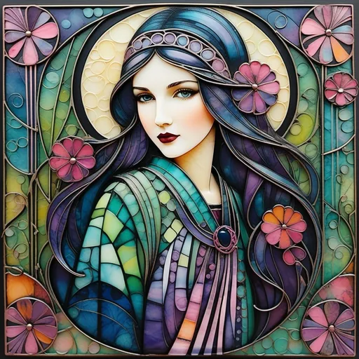 Prompt: Abstract encaustic texture, gradient inking colors, Jessica Galbreth, Irmgard Schoendorf Welch, Javier Mariscal, Charles Rennie Mackintosh, Lee Mullican style, a beautiful whimsical young woman, wonderland, decoupage.