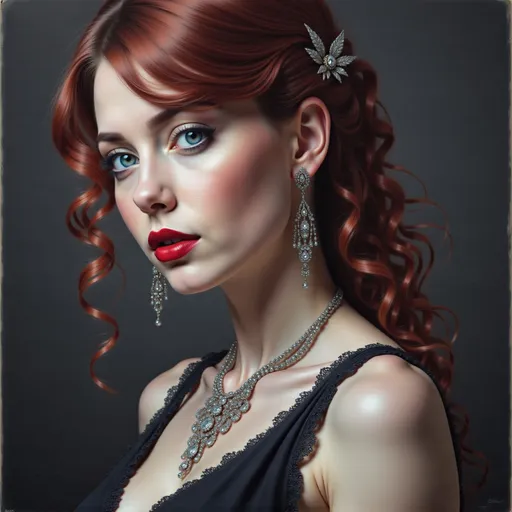 Prompt: a woman with red hair and a necklace on her neck and a black dress on her chest and a red lip, Anka Zhuravleva, photorealism, photorealistic portrait, a photorealistic painting