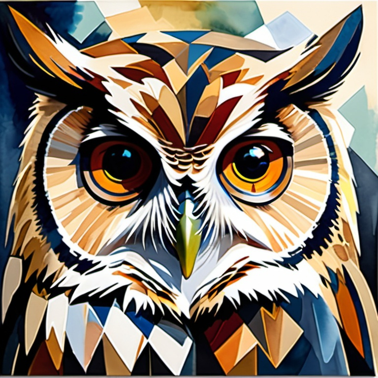 Prompt: owl in a watercolor painting cubism art style