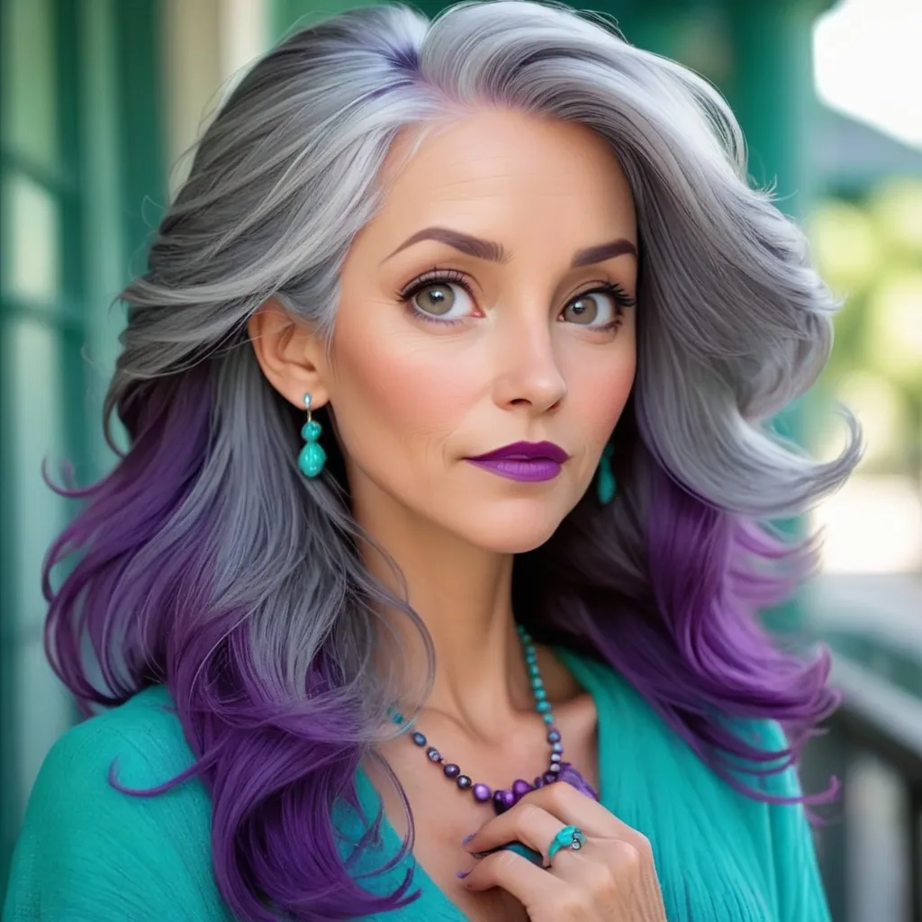 Prompt: A pretty lady, gray hair, purple and turquoise
