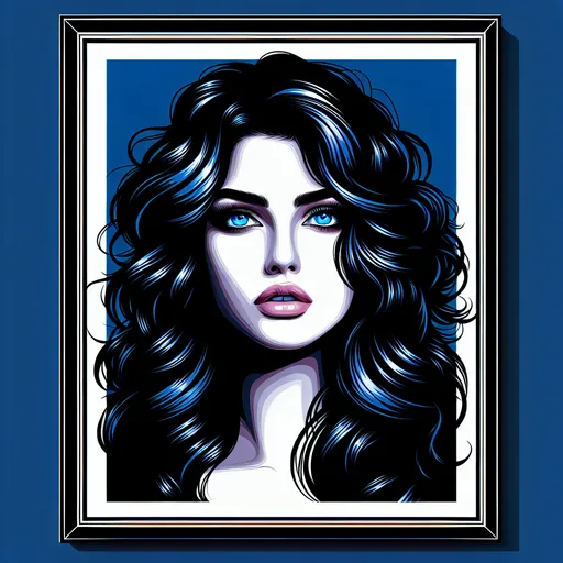 Prompt: a woman with blue eyes and black hair with a blue background and a white frame with a black border, Arabella Rankin, computer art, realistic shaded perfect face, a pop art painting