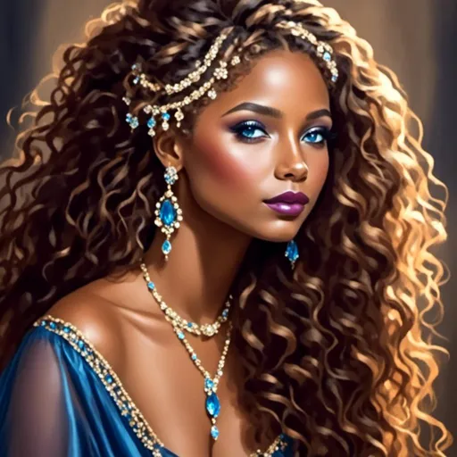 Prompt: <mymodel>Highly realistic oil painting of an elegant black woman, mesmerizing striking blue eyes, regal posture, intricate braided hair, rich and warm skin tones, luxurious velvet gown, detailed jewelry, classic portrait style, impeccable lighting, high quality, ultra-realistic, oil painting, regal, detailed eyes, elegant, warm tones, luxurious, classic portrait, professional lighting