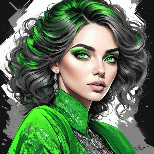 Prompt: Detailed illustration of a woman in vibrant green attire, large vivid green eyes, elegant makeup, digital painting, high resolution, realistic style, vibrant green, professional lighting