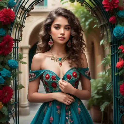 Prompt: A stunning young woman stands framed by an ornate archway adorned with vibrant flowers in shades of red, blue, and green, forming a picturesque backdrop that enhances her ethereal beauty. Clad in an elegant, off-the-shoulder teal gown intricately embroidered with floral motifs, she exudes grace and poise. Her rich, curly hair cascades around her shoulders, contrasting beautifully with her striking blue eyes and bold red lips, which together create an image of confidence and allure. The soft, natural light filtering through the greenery around her adds a dreamlike quality to the scene, evoking a sense of enchantment and serenity amidst the lush botanical surroundings. This enchanting portrait captures a moment of pure elegance, inviting viewers into a world of beauty and wonder.